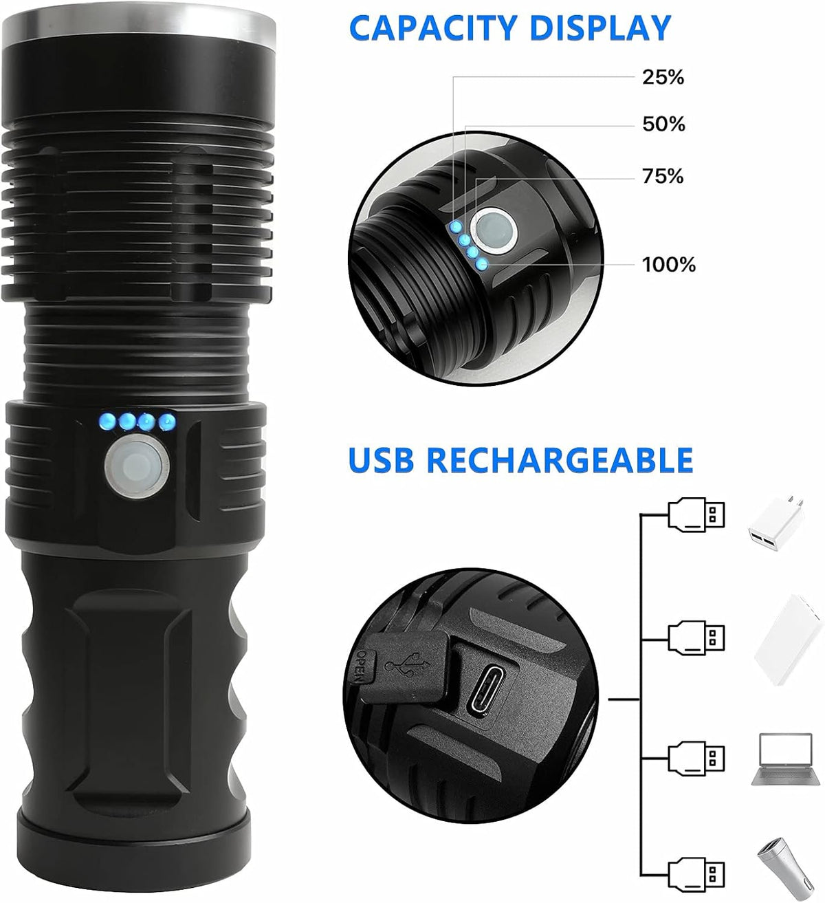 100000 Lumen Rechargeable Tactical Flashlight with Battery V469