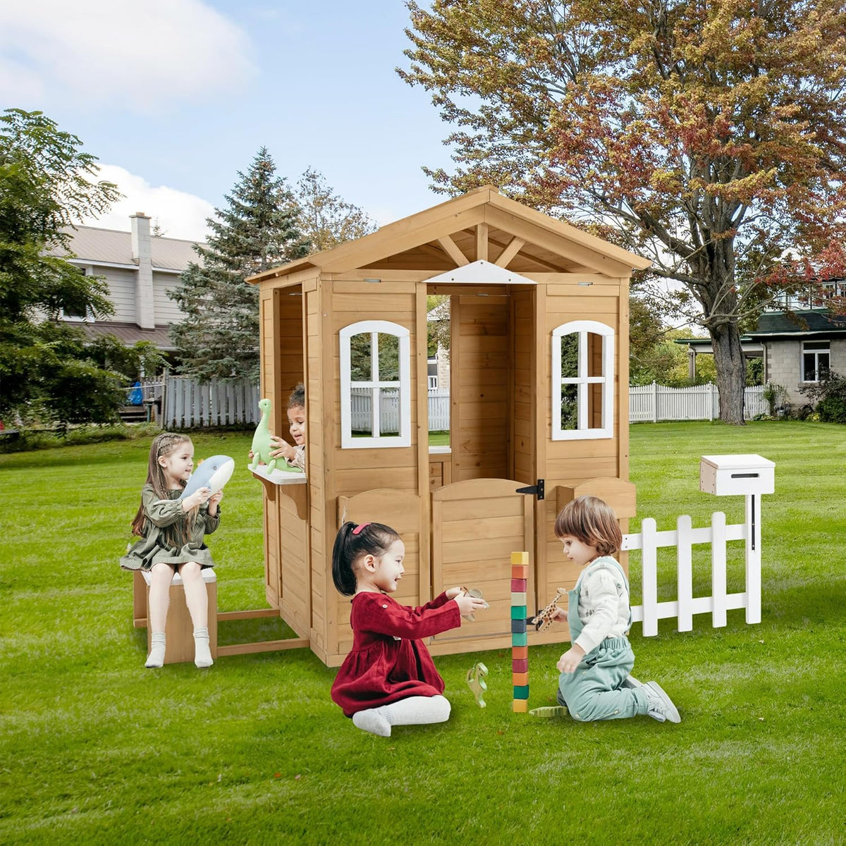 Wooden Outdoor Playhouse with Working Doors Windows & Mailbox, 39" x 38" x 55.5 K43007