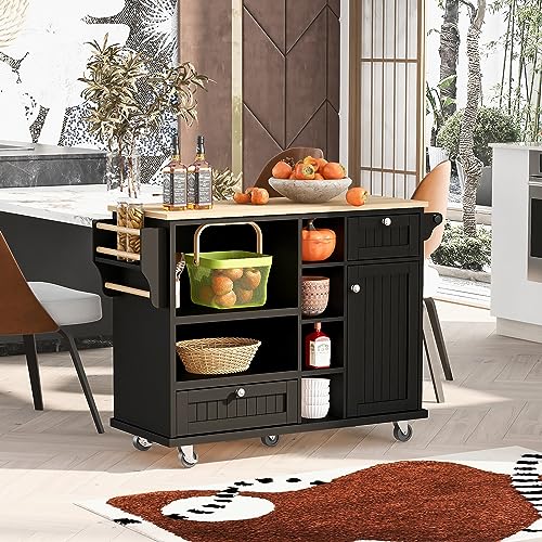White Rolling Kitchen Island Cart with Wood Top and 2 Drawers M218737
