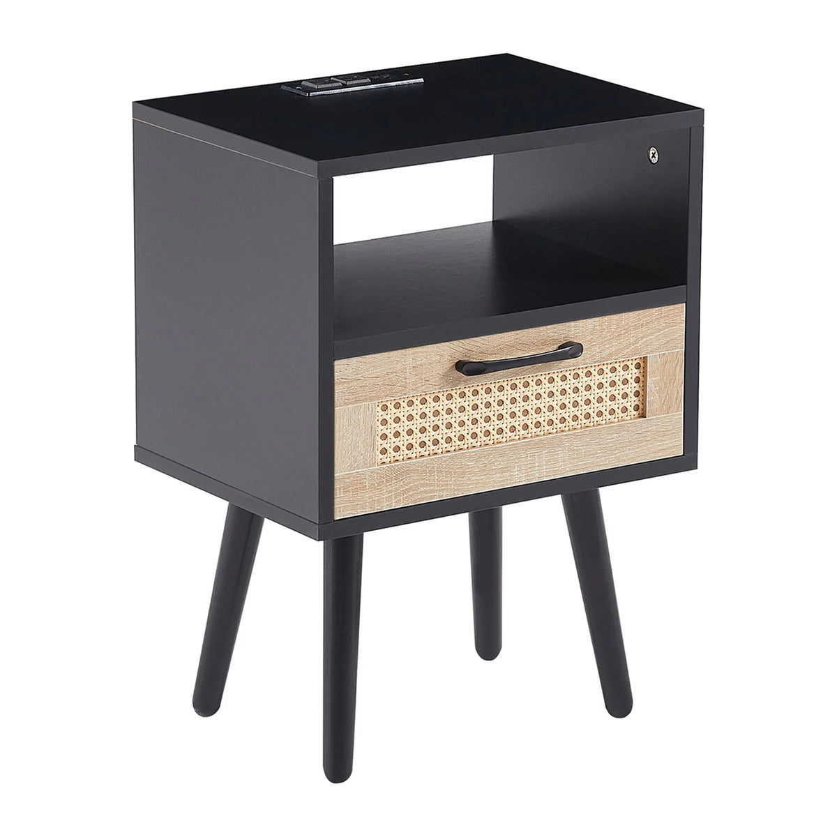 Black Nightstand with Storage Drawer and Charging Station V7774