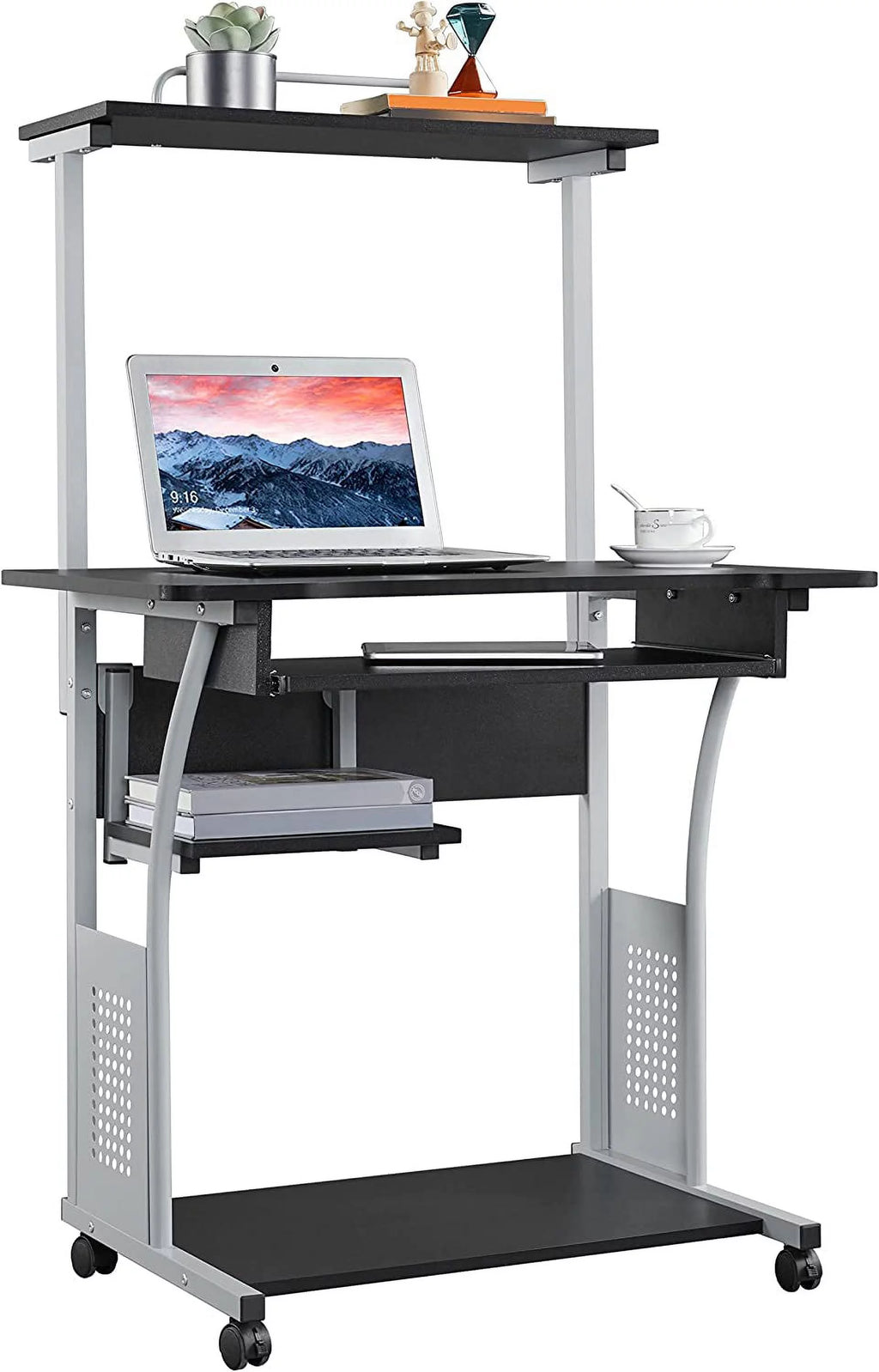 Black 2 Tier Rolling Computer Desk with Keyboard Tray I51112