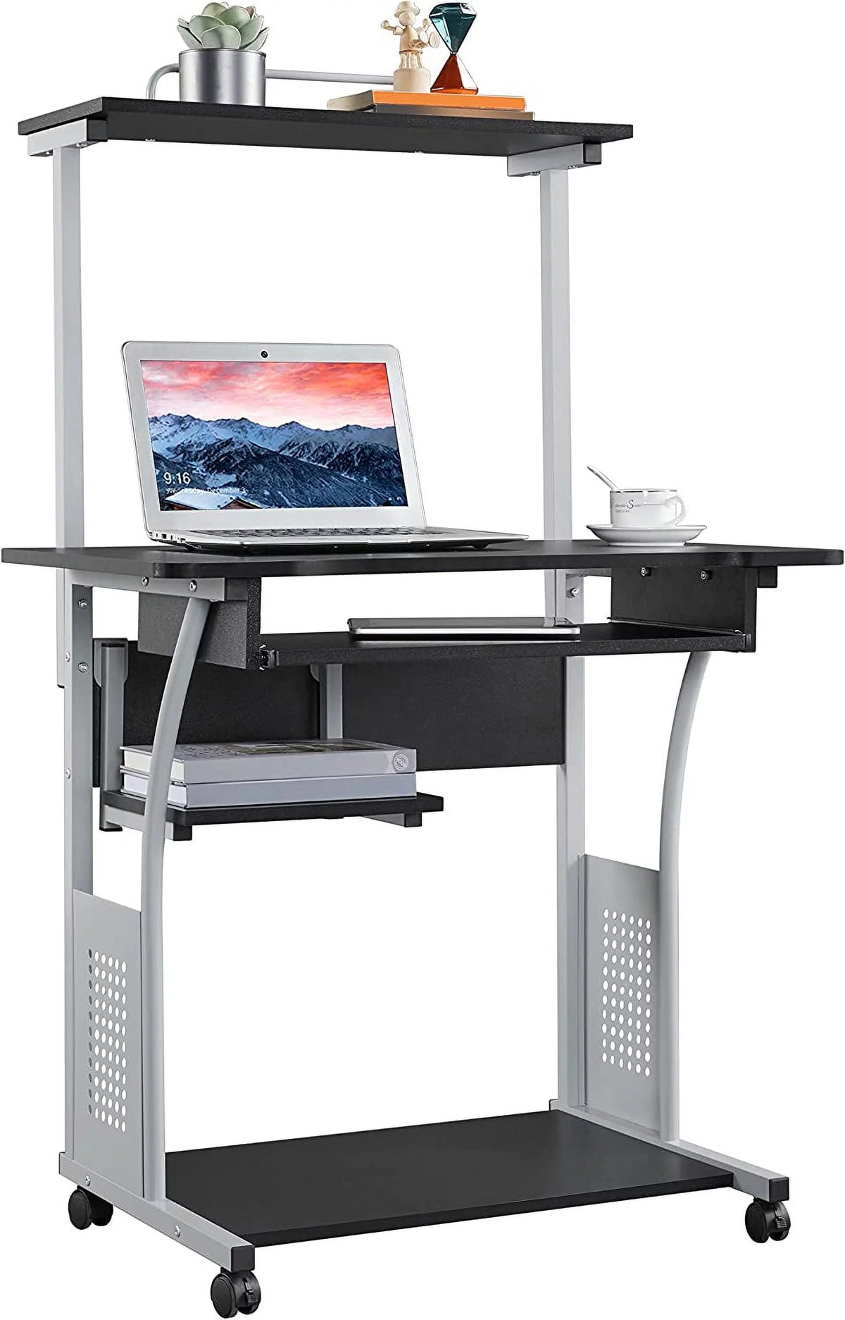 Black 2 Tier Rolling Computer Desk with Keyboard Tray I51112