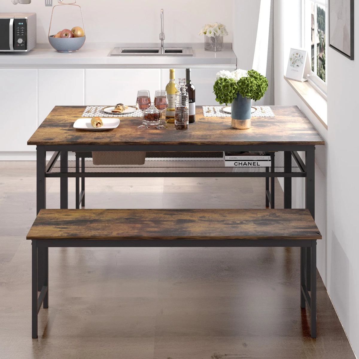 3-Piece 43 Inch Farmhouse Dining Table Set with 2 Benches I98317