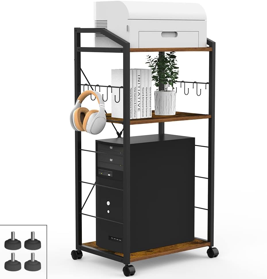 White 3-Tier Mobile Printer Stand Utility Cart Wooden Adjustable Shelf with 8 Hooks S41562