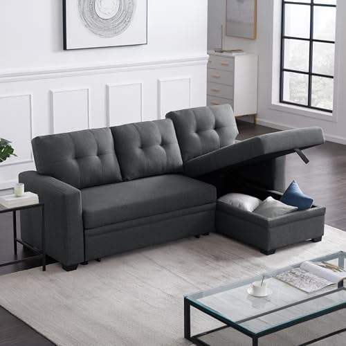 L Shaped Convertible Sleeper Sectional Sofa with Storage Chaise and Pull-Out Bed X71297