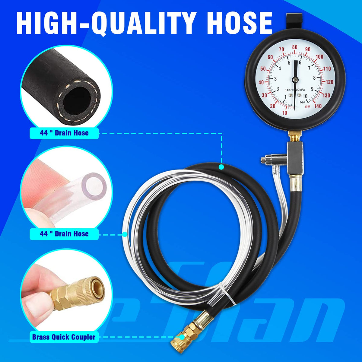 Fuel Pressure Test Kit, Fuel Injection Pressure Tester Kit Gauge 0-140 PSI/10 bar Scale, Dual Dial Y24277