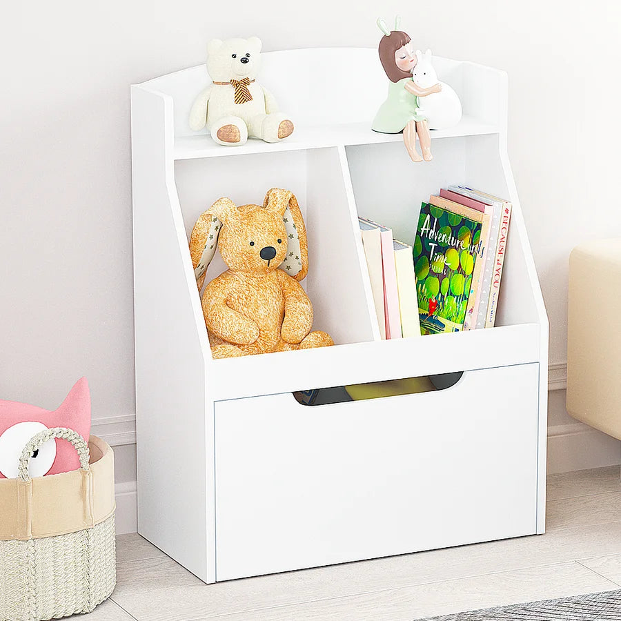 White Wooden Kids Bookcase with Toy Box on Wheels E127763