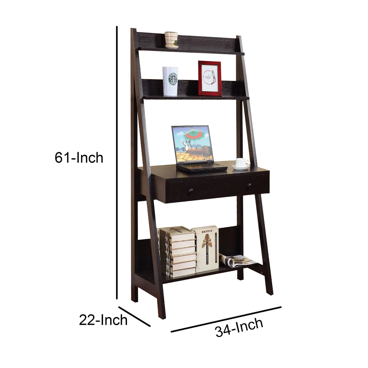 Brown Ladder Desk with 3 Shelves and 1 Drawer B25039