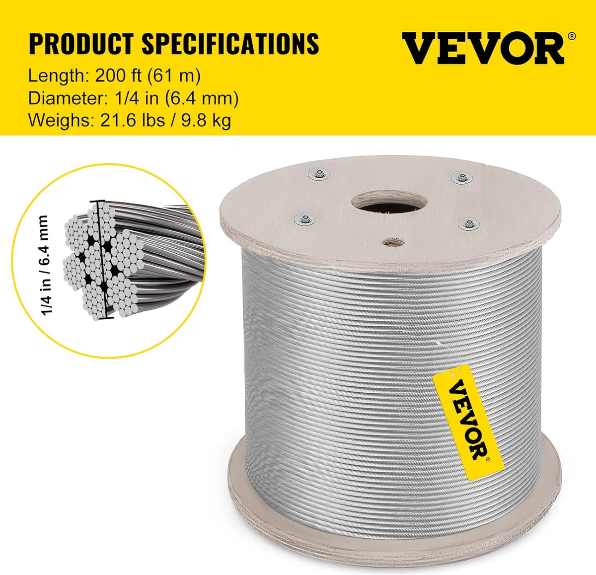 304 Stainless Steel Cable 1/4 Inch 7 X 19 Steel Wire Rope 200Feet T559
