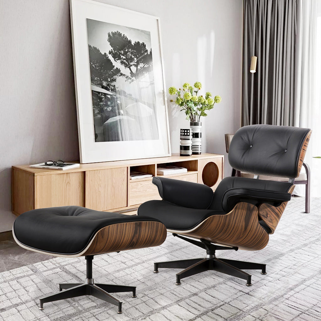 Black Tufted Leather Swivel Lounge Chair with Ottoman V387