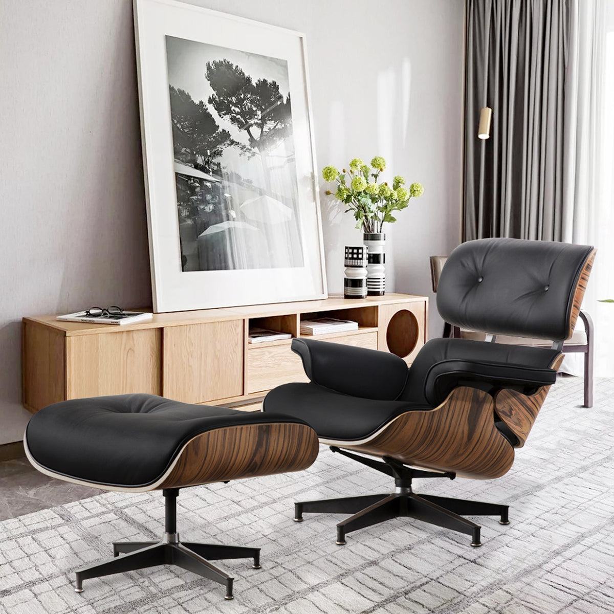 Black Tufted Leather Swivel Lounge Chair with Ottoman V387