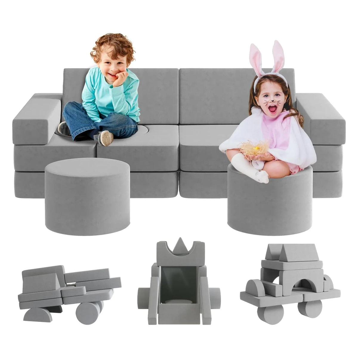 13Pcs Kids Couch, Toddler Couch, Fold Out Couch, Modular Couch, Gray E436570