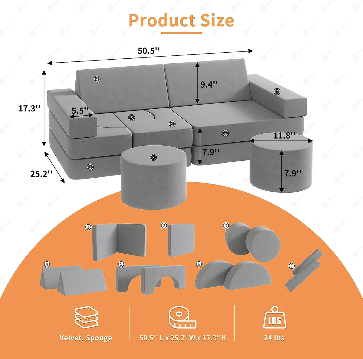 13Pcs Kids Couch, Toddler Couch, Fold Out Couch, Modular Couch, Gray E436570