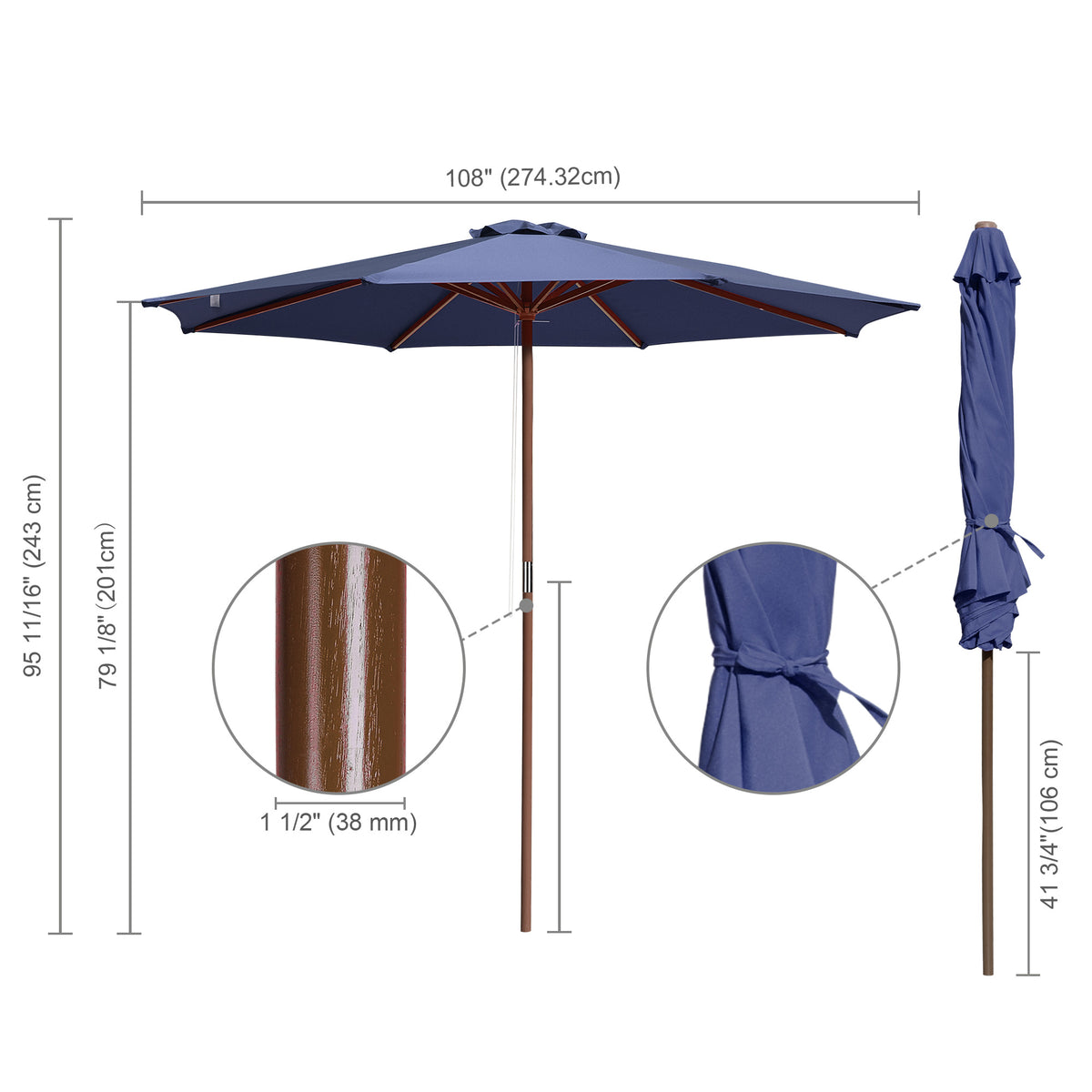 9ft Wooden Pole Patio Umbrella 8 Ribs J741804