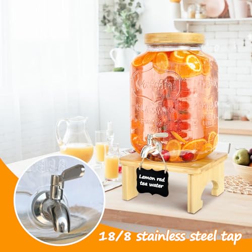 2 Gallon Glass Beverage Dispenser with Wood Stand and Stainless Steel Spigot F28120