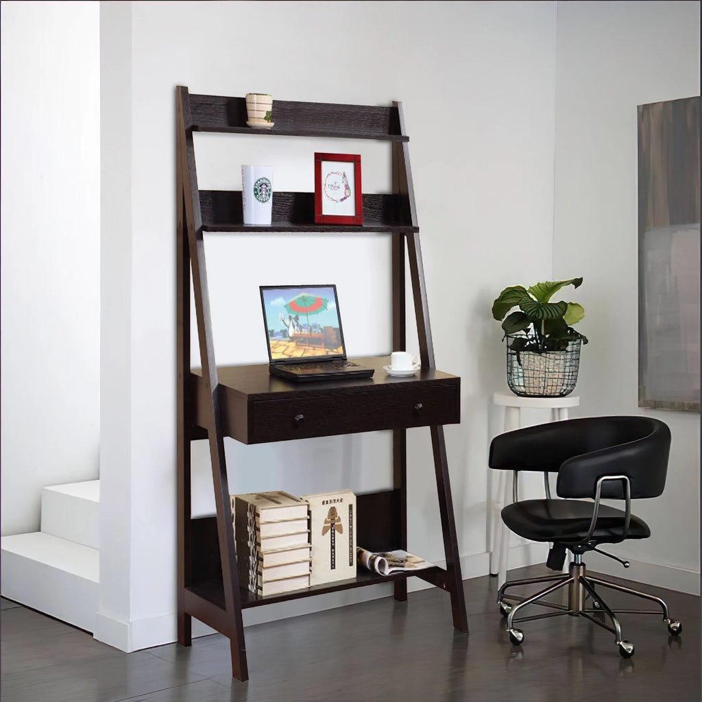 Brown Ladder Desk with 3 Shelves and 1 Drawer B25039