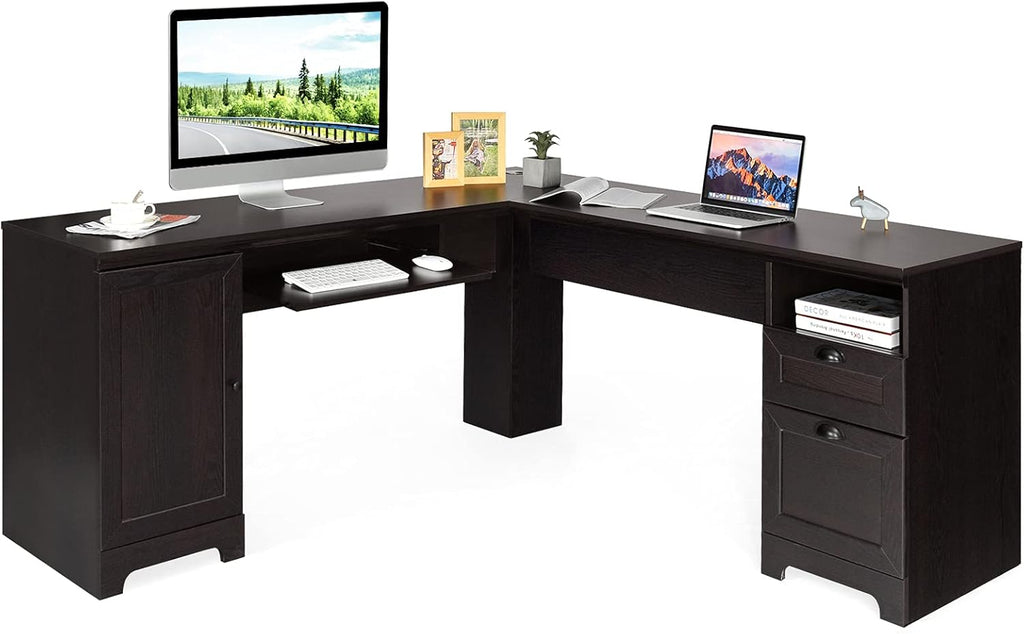 66 L-Shaped Desk with Drawers Keyboard Tray and Storage Cabinet M758