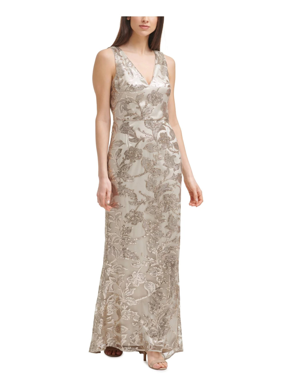 Beige Sequined Sleeveless V Neck Full-Length Sheath Dress H612791