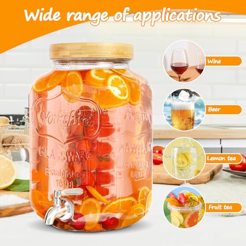 2 Gallon Glass Beverage Dispenser with Wood Stand and Stainless Steel Spigot F28120