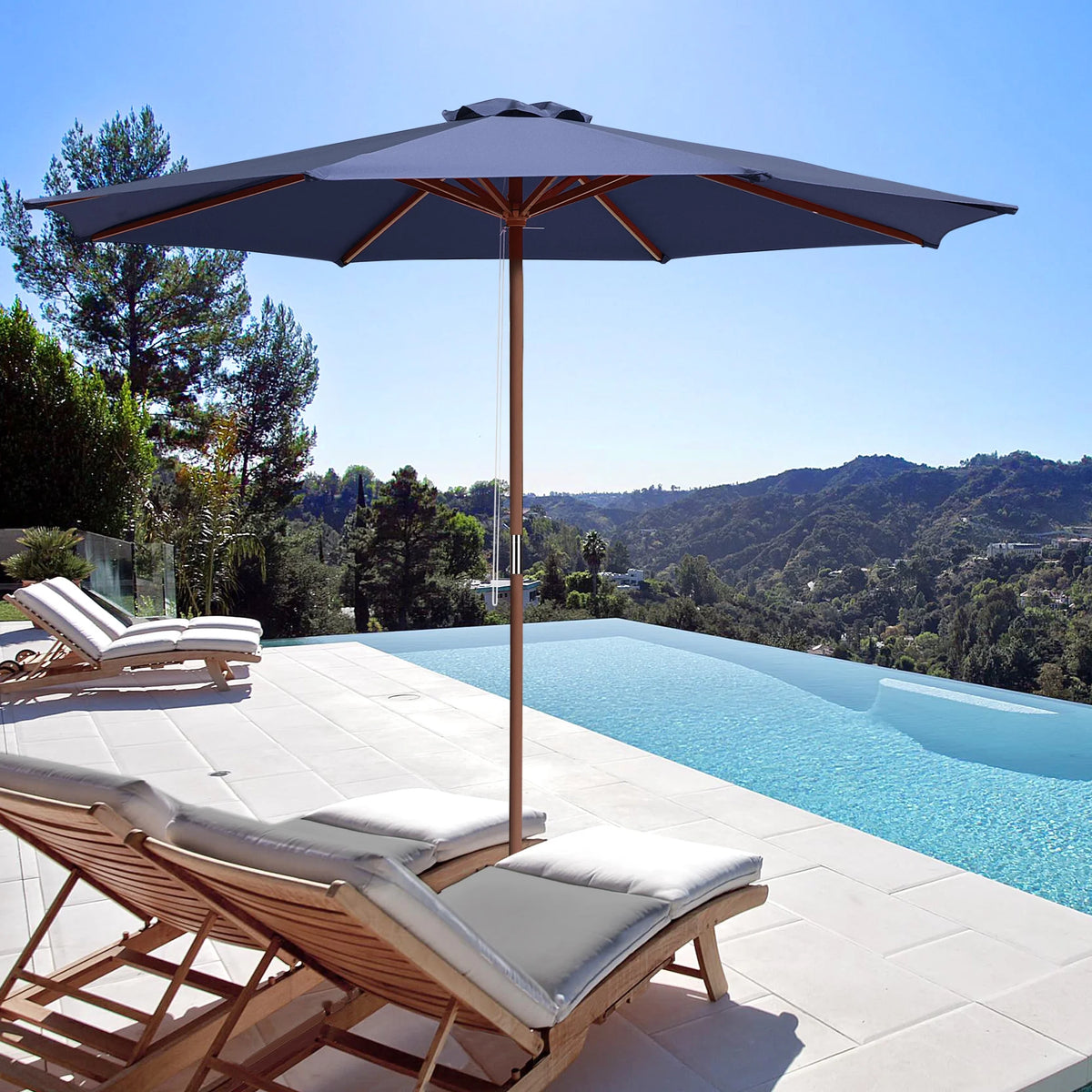 9ft Wooden Pole Patio Umbrella 8 Ribs J741804
