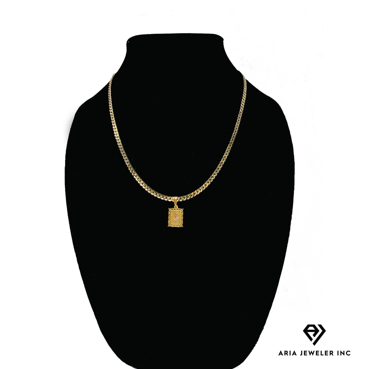 14k Bonded Gold Necklace with Pink Rose Square Pendant, 14K Cuban Chain Necklace E62314