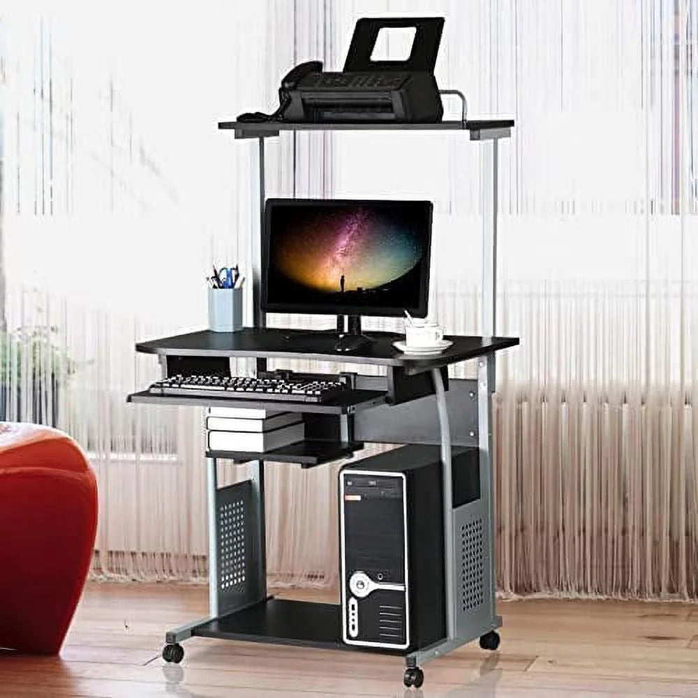 Black 2 Tier Rolling Computer Desk with Keyboard Tray I51112