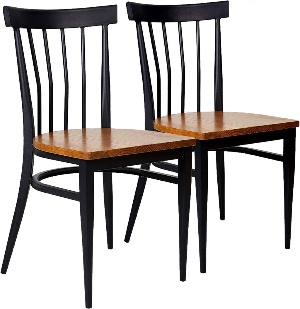 Black Metal Dining Chairs with Solid Wooden Seat, Set of 2 E495124