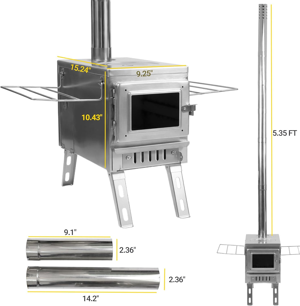 Camping Tent Stove with Large Firebox, View Glass, Pipes and Slide Air Intake Valve P4263