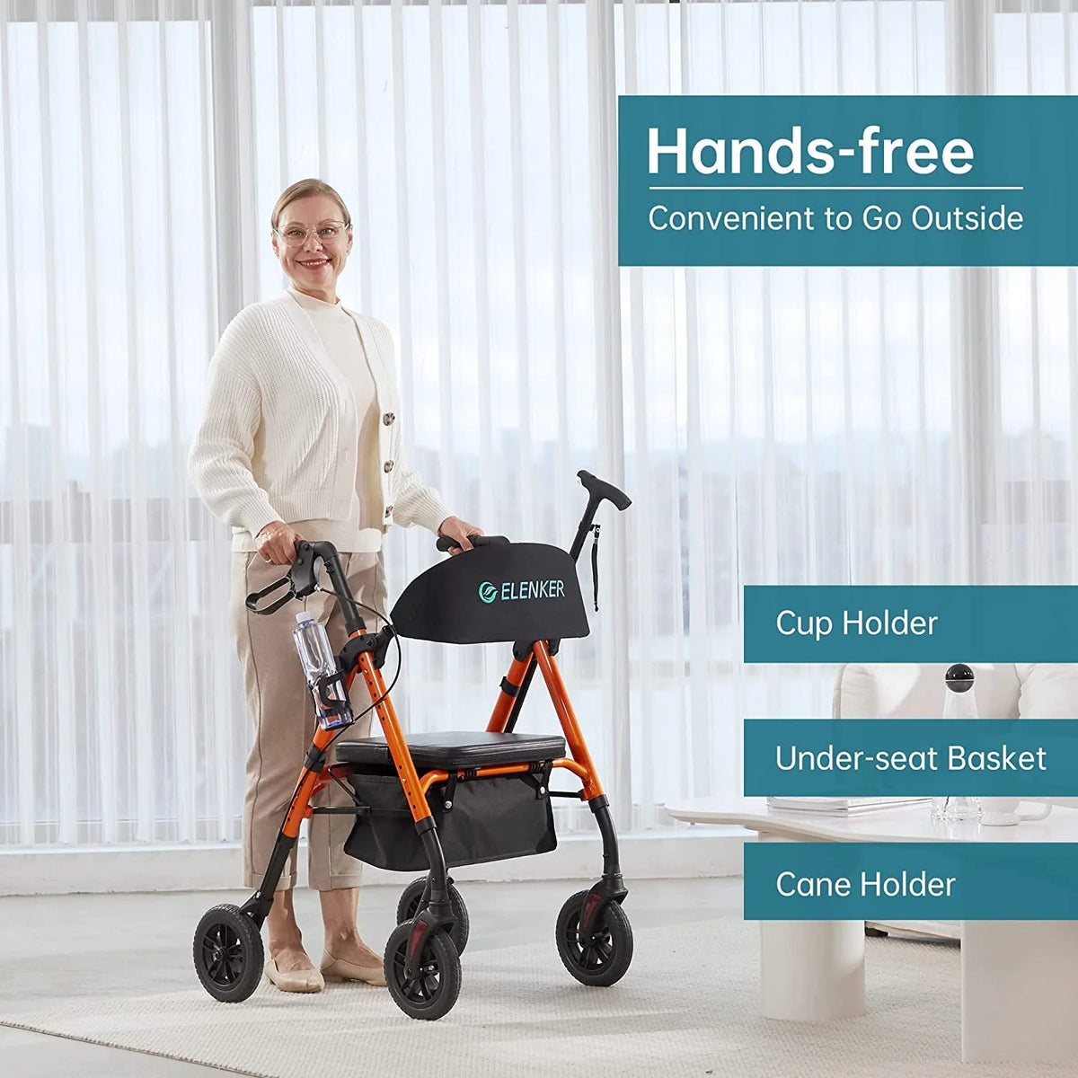 All-Terrain Rollator Walker with 8” Wheels, Height Adjustable, Padded Seat Backrest Cup Holder, Orange M8683