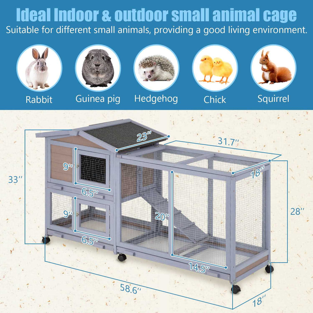 Wood Rabbit Hutch with Wheels & Waterproof Roof R745