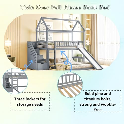 Twin Over Full Bunk Bed with Stairs and Slide, Gray A446