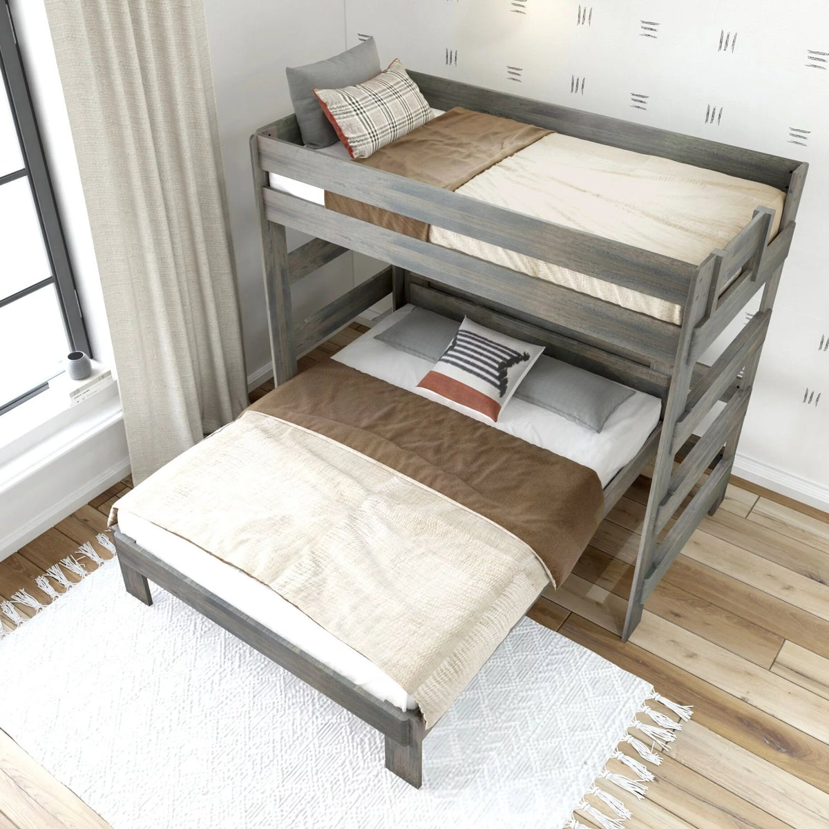 Solid Wood Twin over Queen L-Shaped Bunk Bed K9299