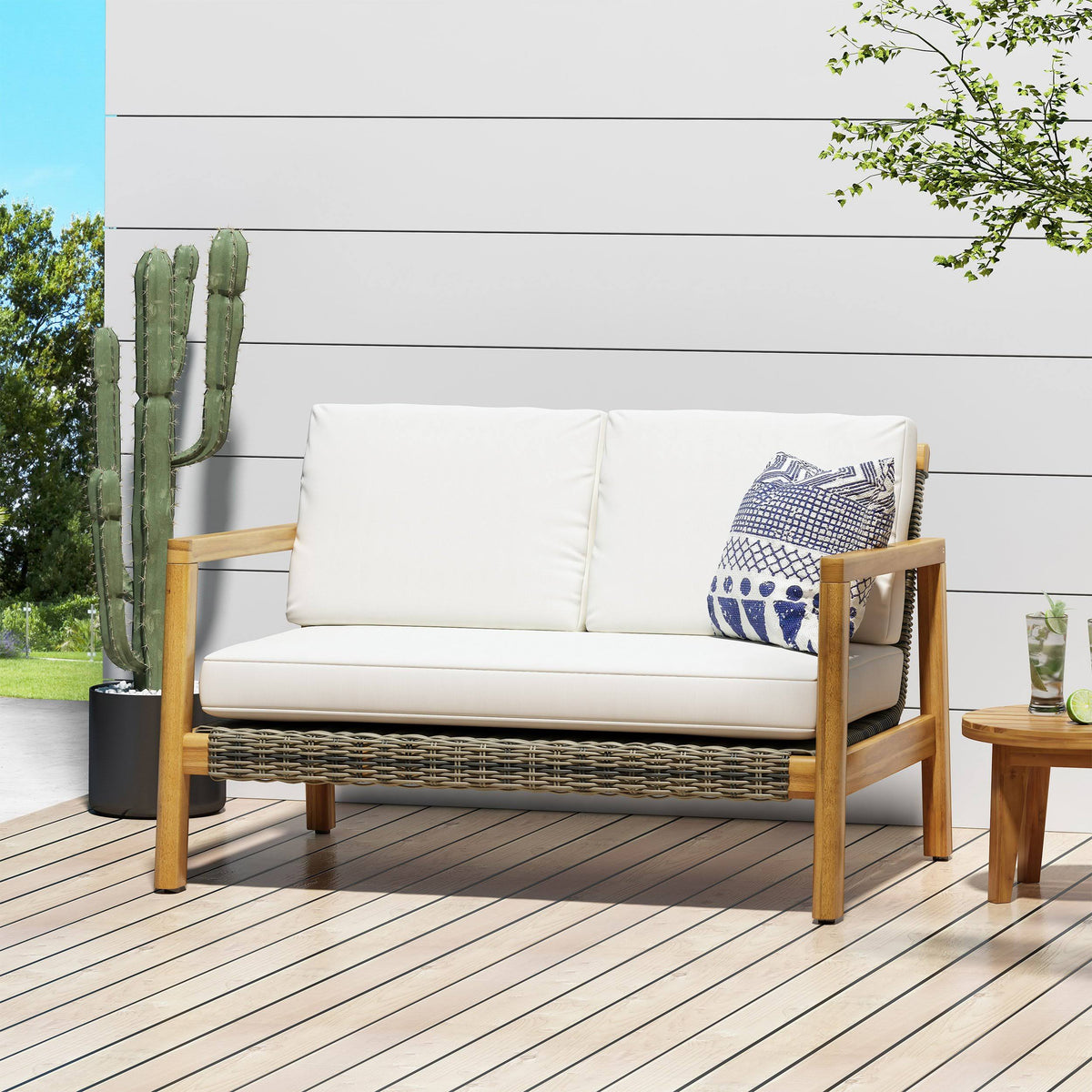 Acacia Wood Loveseat with Wicker Accents E990