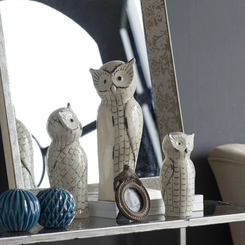 Set of 3 White and Black Owl Figurine Statues E11332