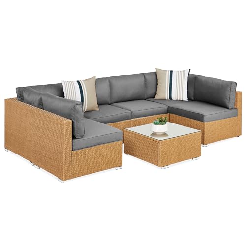 7-Piece Wicker Outdoor Sectional Set with Pillows and Coffee Table T497210