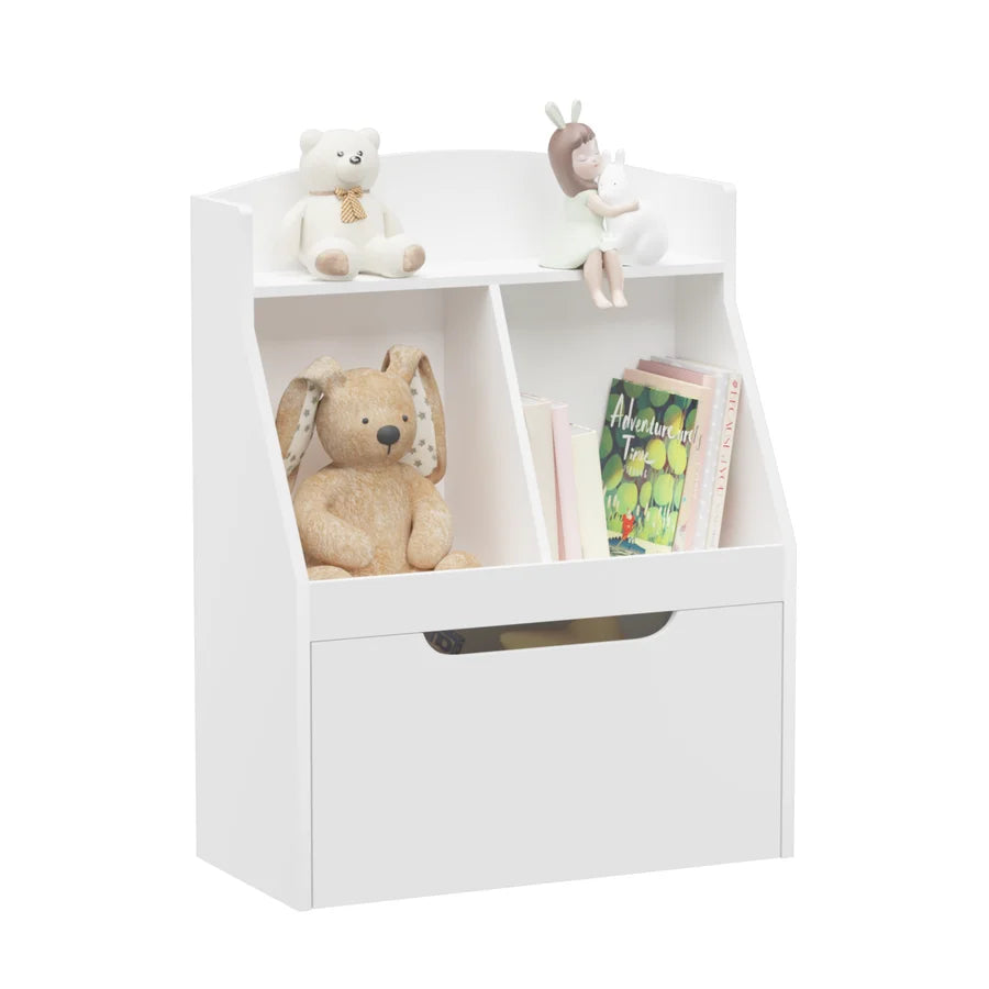 White Wooden Kids Bookcase with Toy Box on Wheels E127763