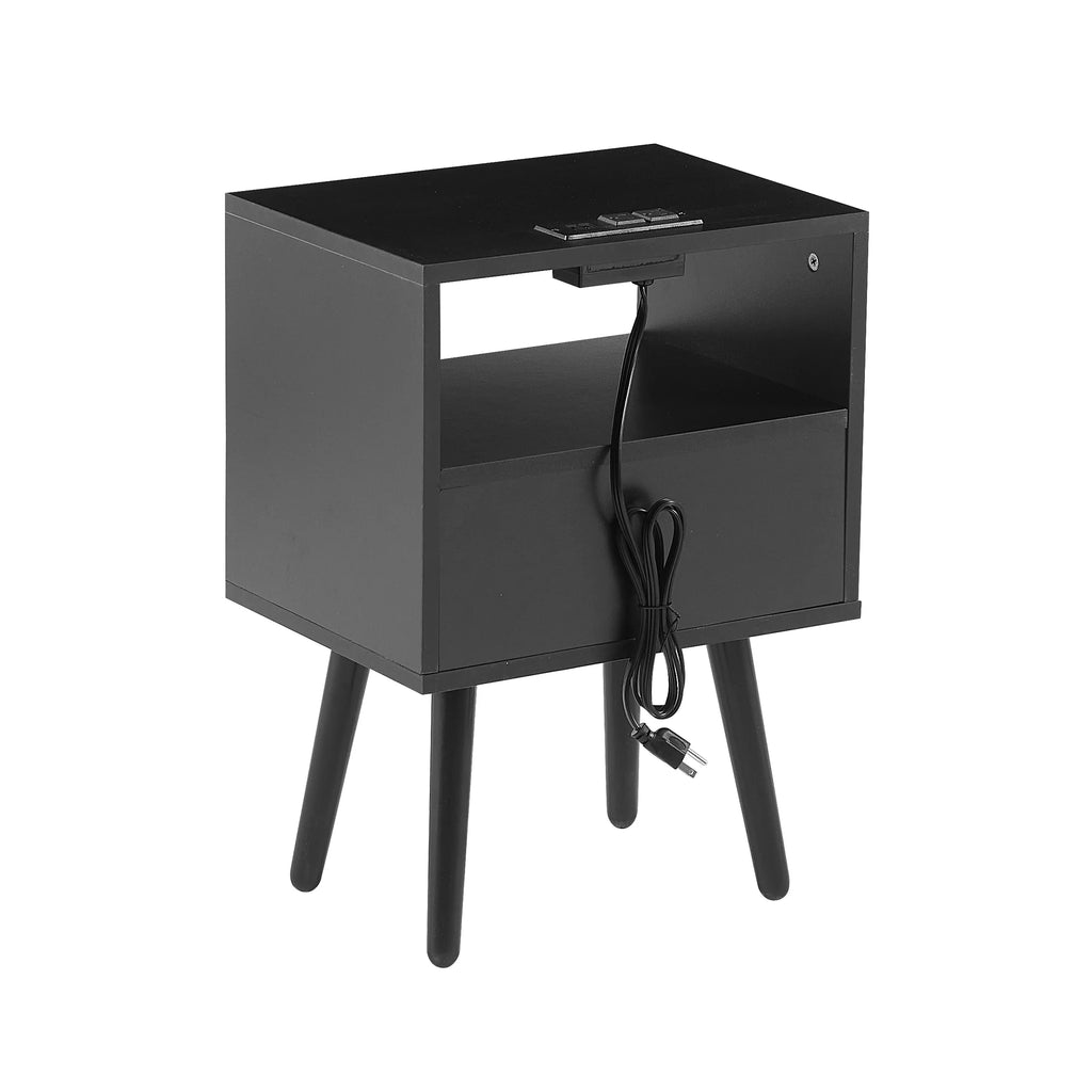Black Nightstand with Storage Drawer and Charging Station V7774