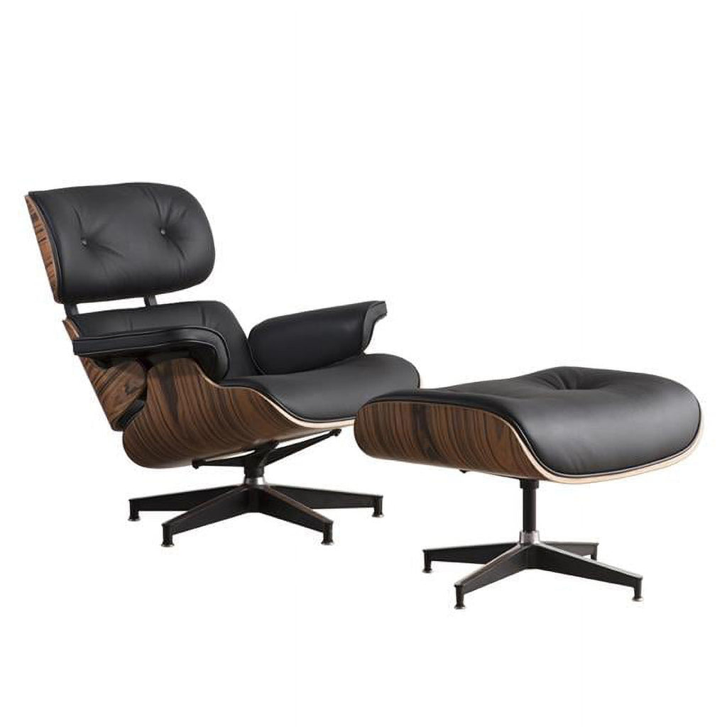Black Tufted Leather Swivel Lounge Chair with Ottoman V387