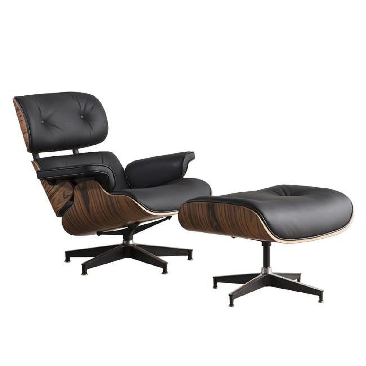 Black Tufted Leather Swivel Lounge Chair with Ottoman V387