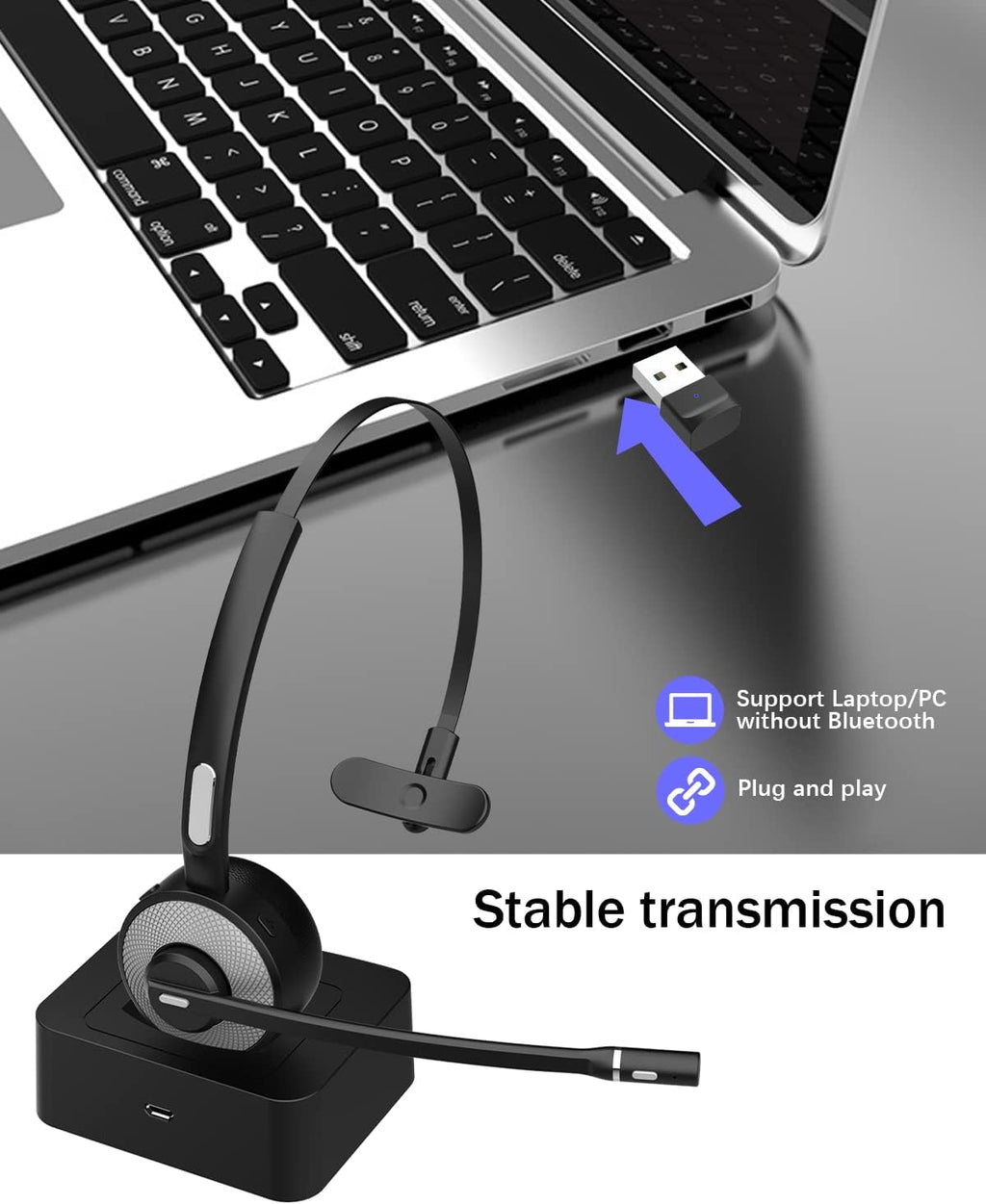Bluetooth Headset with USB Dongle, Single-Ear Wireless Headset with Noise Cancelling Microphone Charging Base, Pack of 2 Q16573
