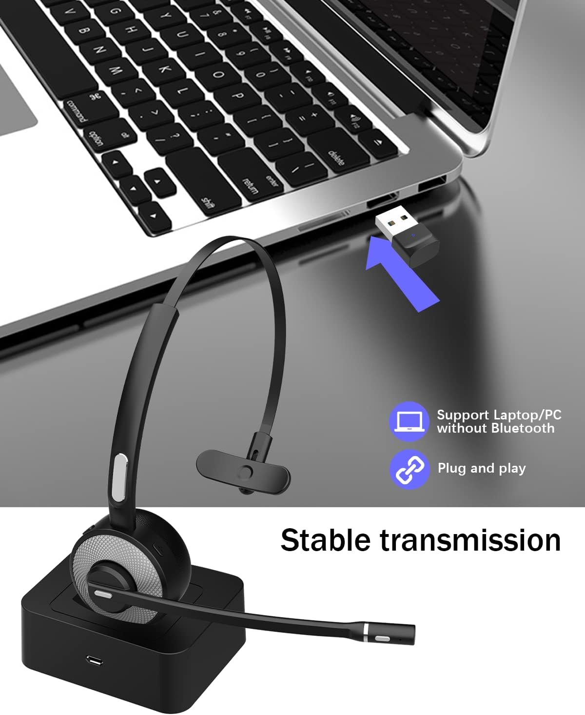 Bluetooth Headset with USB Dongle, Single-Ear Wireless Headset with Noise Cancelling Microphone Charging Base, Pack of 2 Q16573