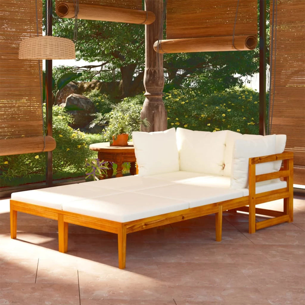 2 Piece Acacia Wood Sun Lounger with Cream White Cushion and Pillows V19048