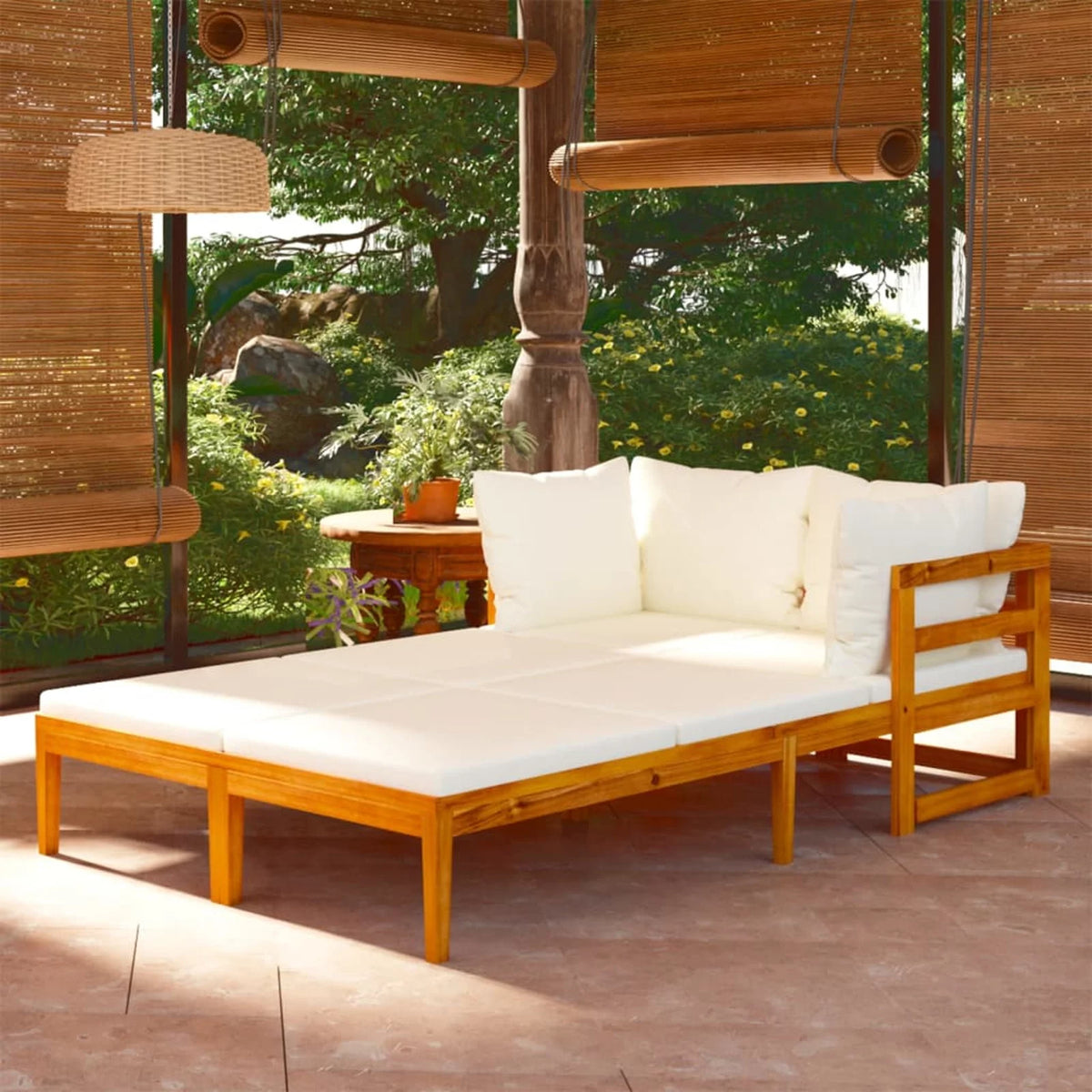 2 Piece Acacia Wood Sun Lounger with Cream White Cushion and Pillows V19048