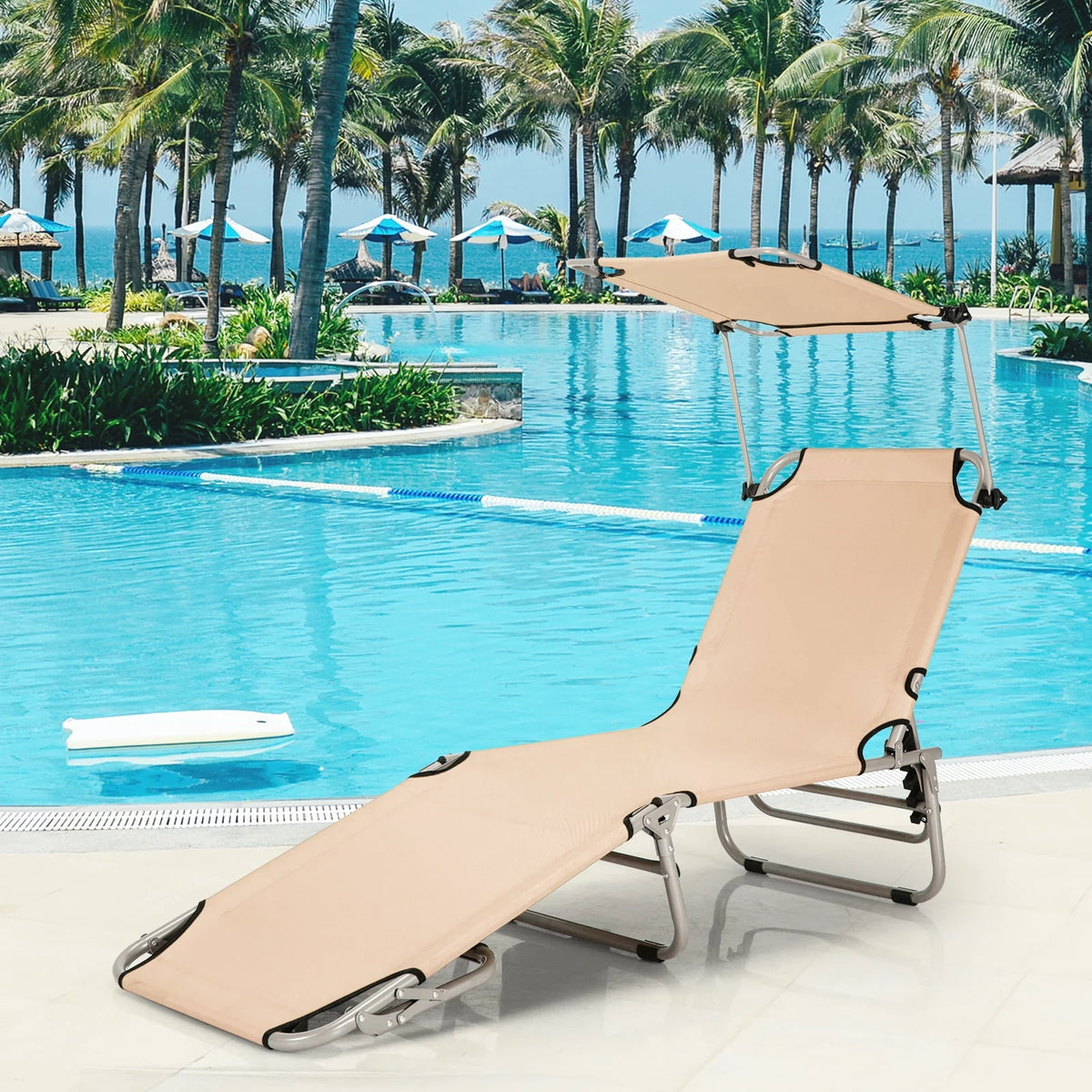 Beige Foldable Lounge Chair with Sun Shade H828133