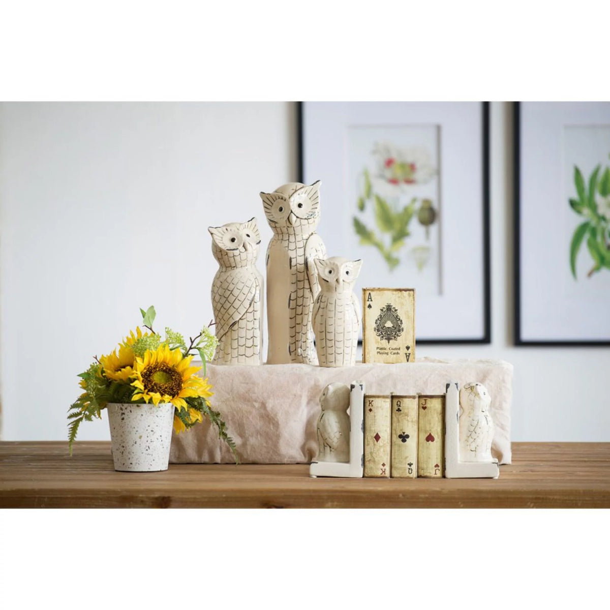 Set of 3 White and Black Owl Figurine Statues E11332