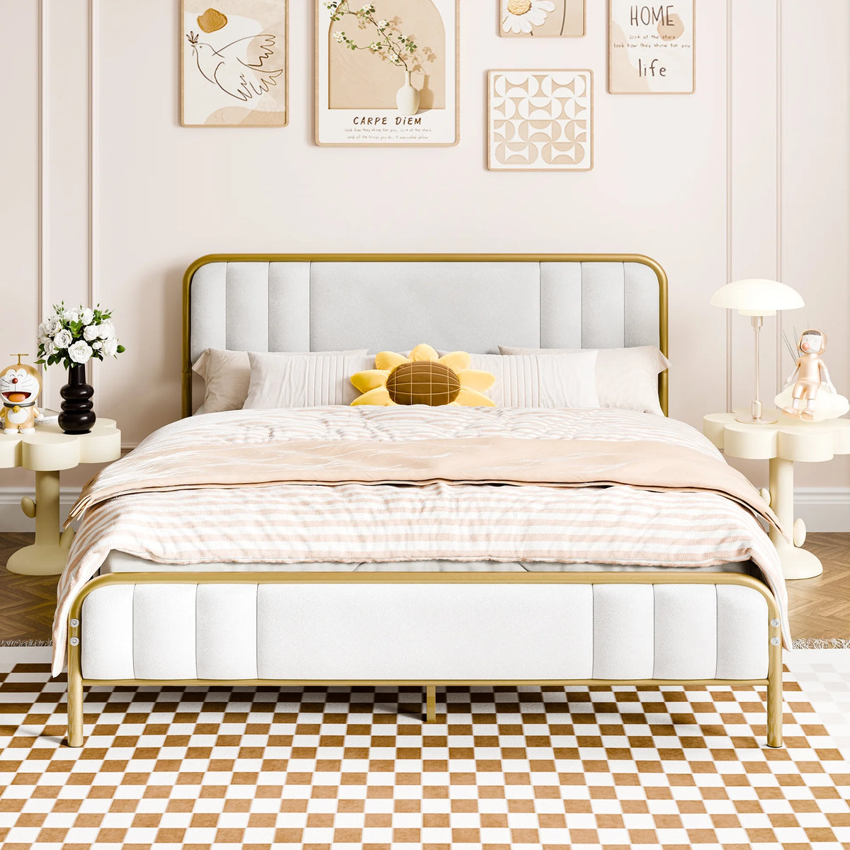 Gold Queen Size Velvet Fabric Headboard Metal Platform Bed Frame H270615