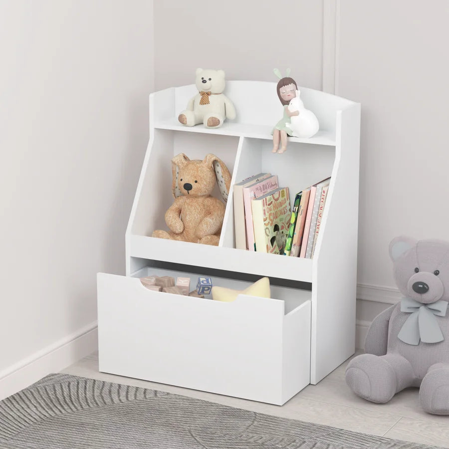 White Wooden Kids Bookcase with Toy Box on Wheels E127763