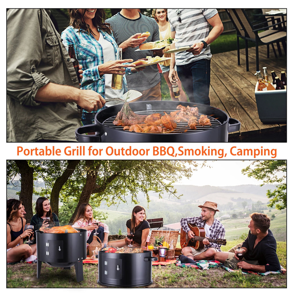 3-in-1 Steel Charcoal Smoker BBQ Grill with Thermometer X79298