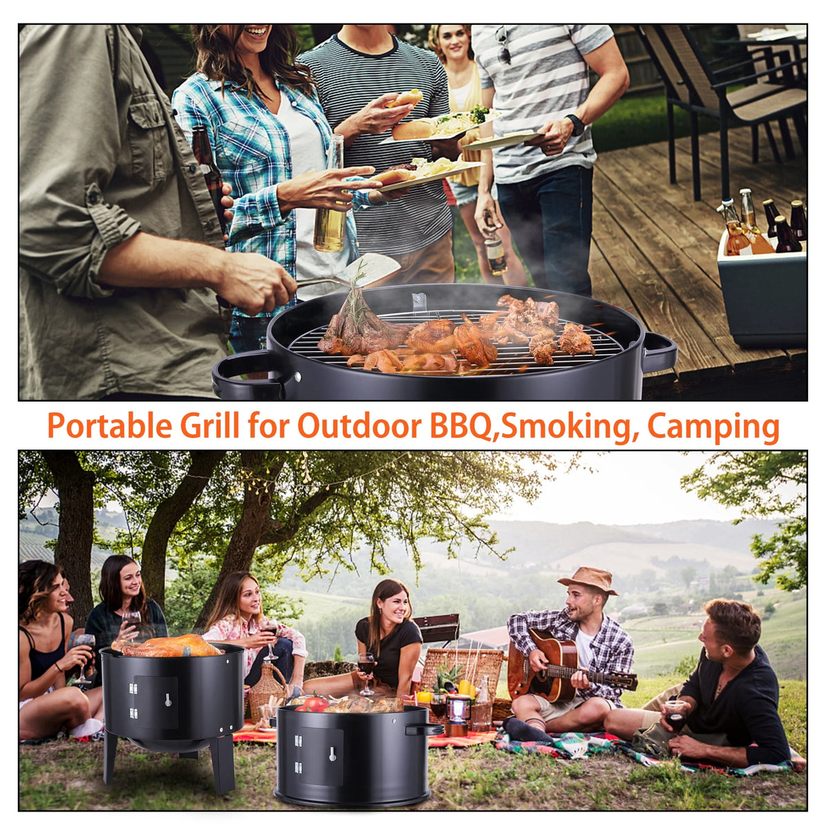 3-in-1 Steel Charcoal Smoker BBQ Grill with Thermometer X79298