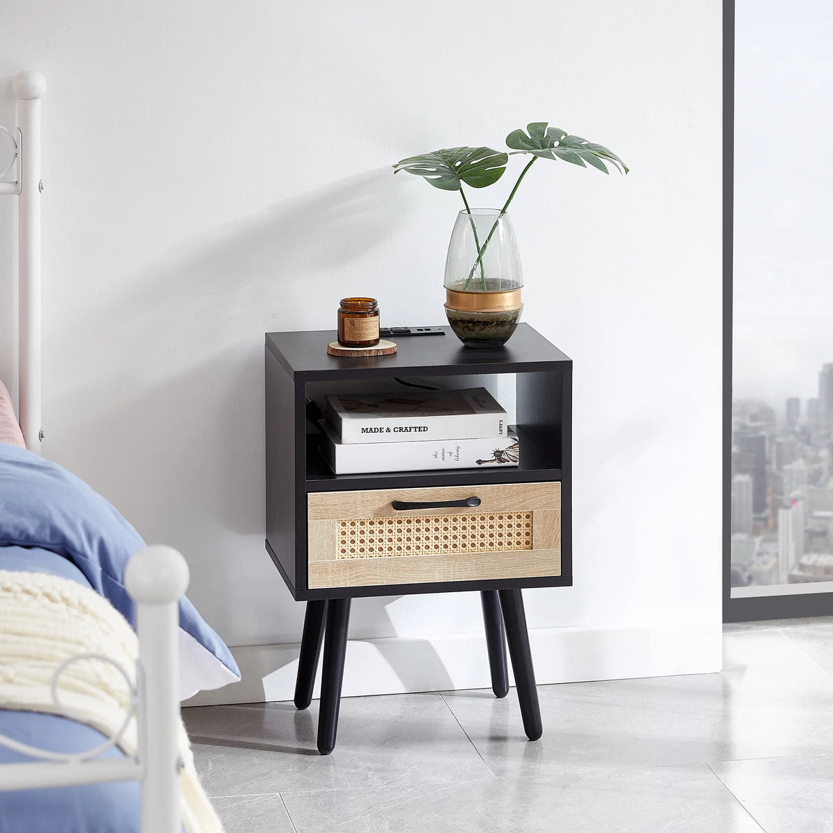Black Nightstand with Storage Drawer and Charging Station V7774